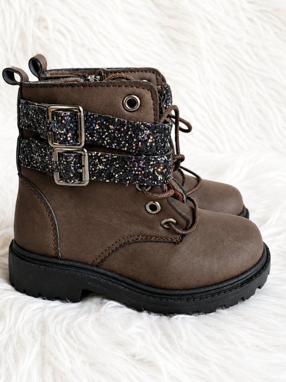 Blue Girls' Brown Glitter Strap Zip Lace Durable Boots SZ 6